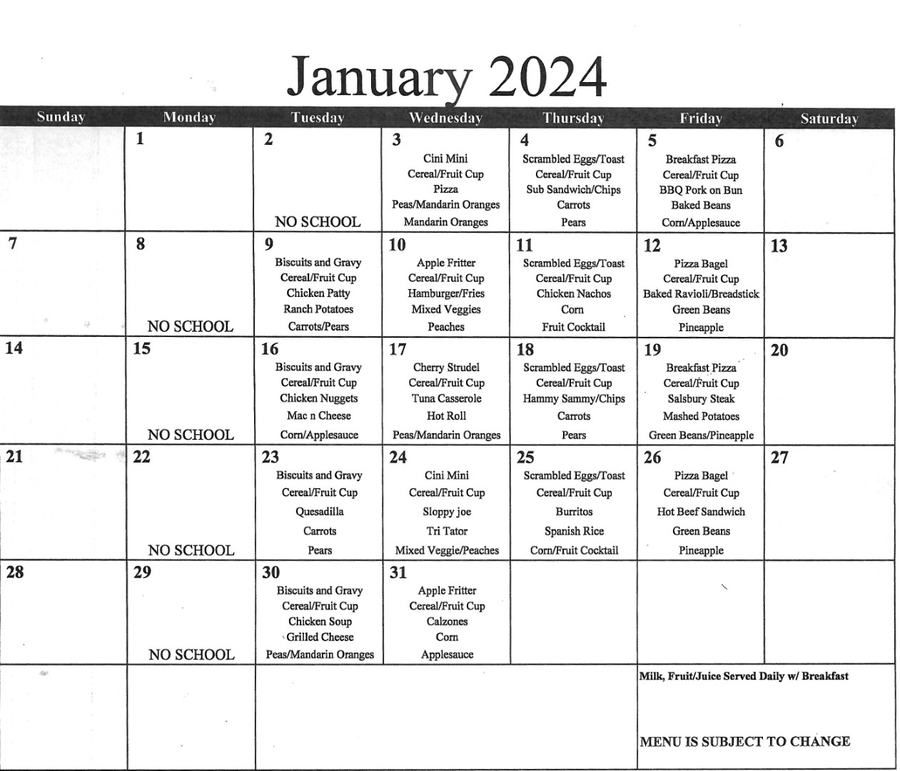 Pattonsburg RII School District January 2024 Menu